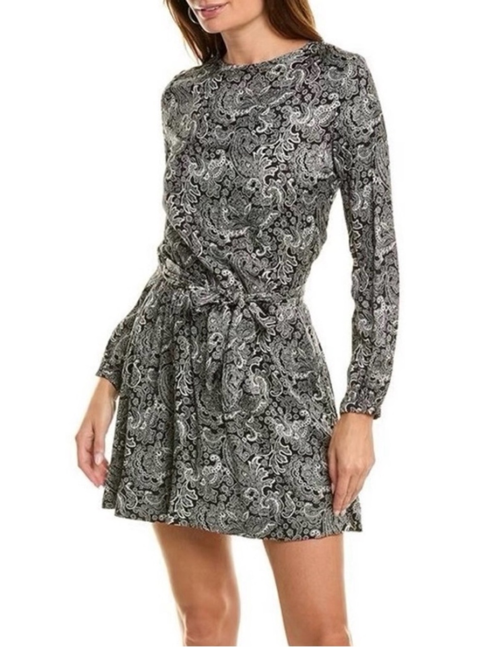 The Kooples Paisley Mini Dress Black White Tie Waist Long Sleeve NWT FR M / US S - Picture 1 of 12